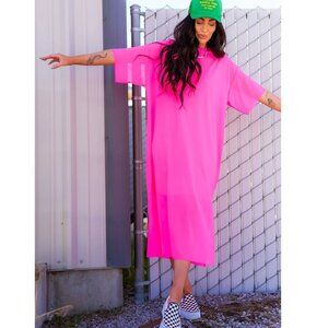 NWT Dressed in Lala Karma Oversized Mesh Dress + Slip in Electric Pink, Size L